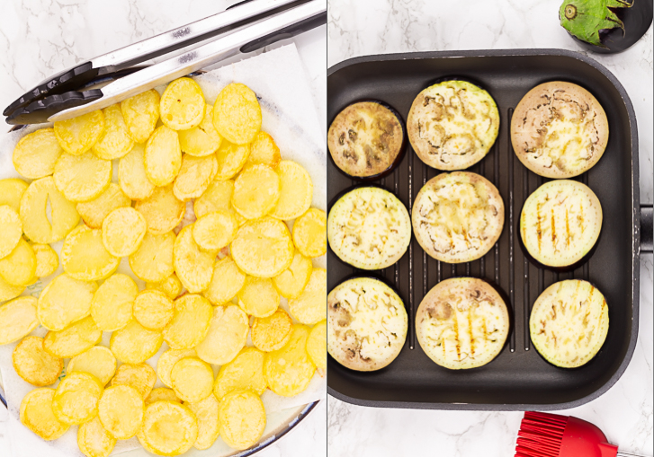Moussaka aardappel en aubergine schijfjes