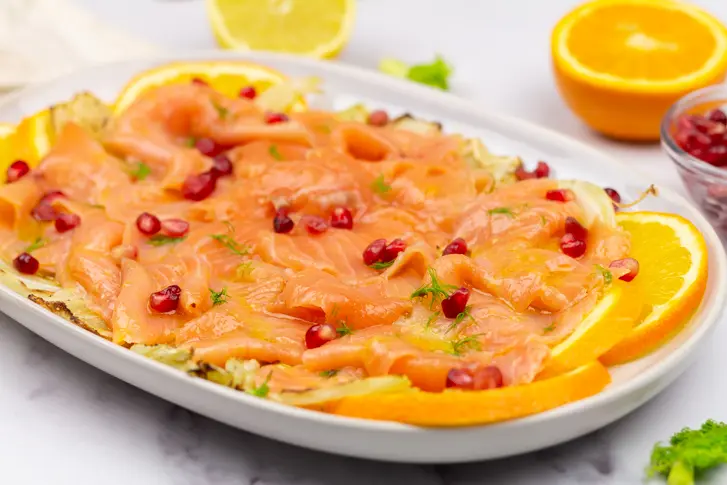 Zalm carpaccio met sinaasappel en venkel